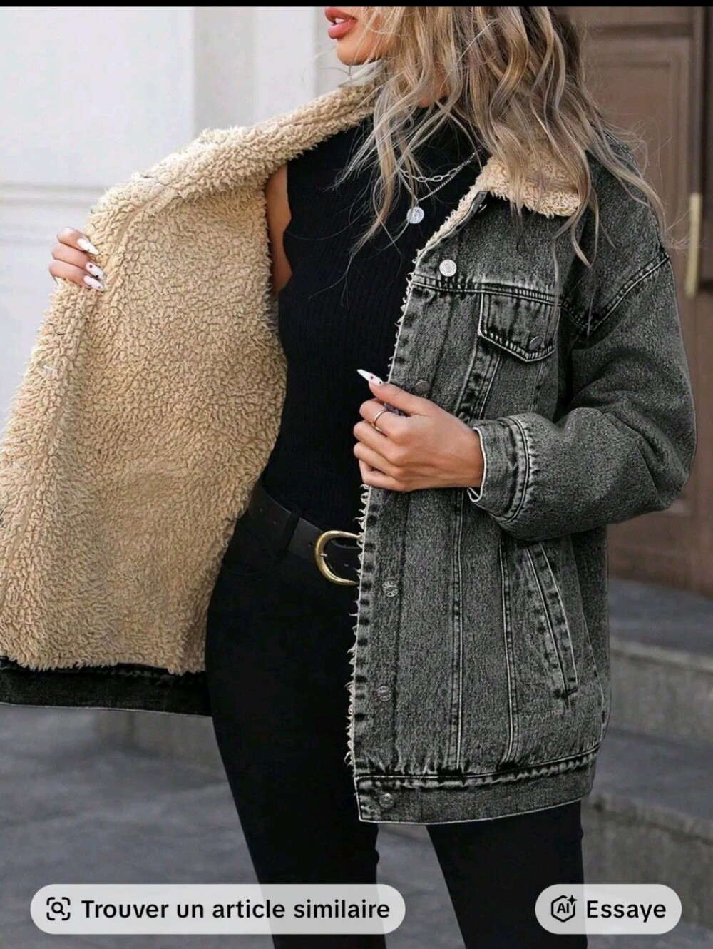 Women's Sherpa-Lined Washed Black Denim Jacket